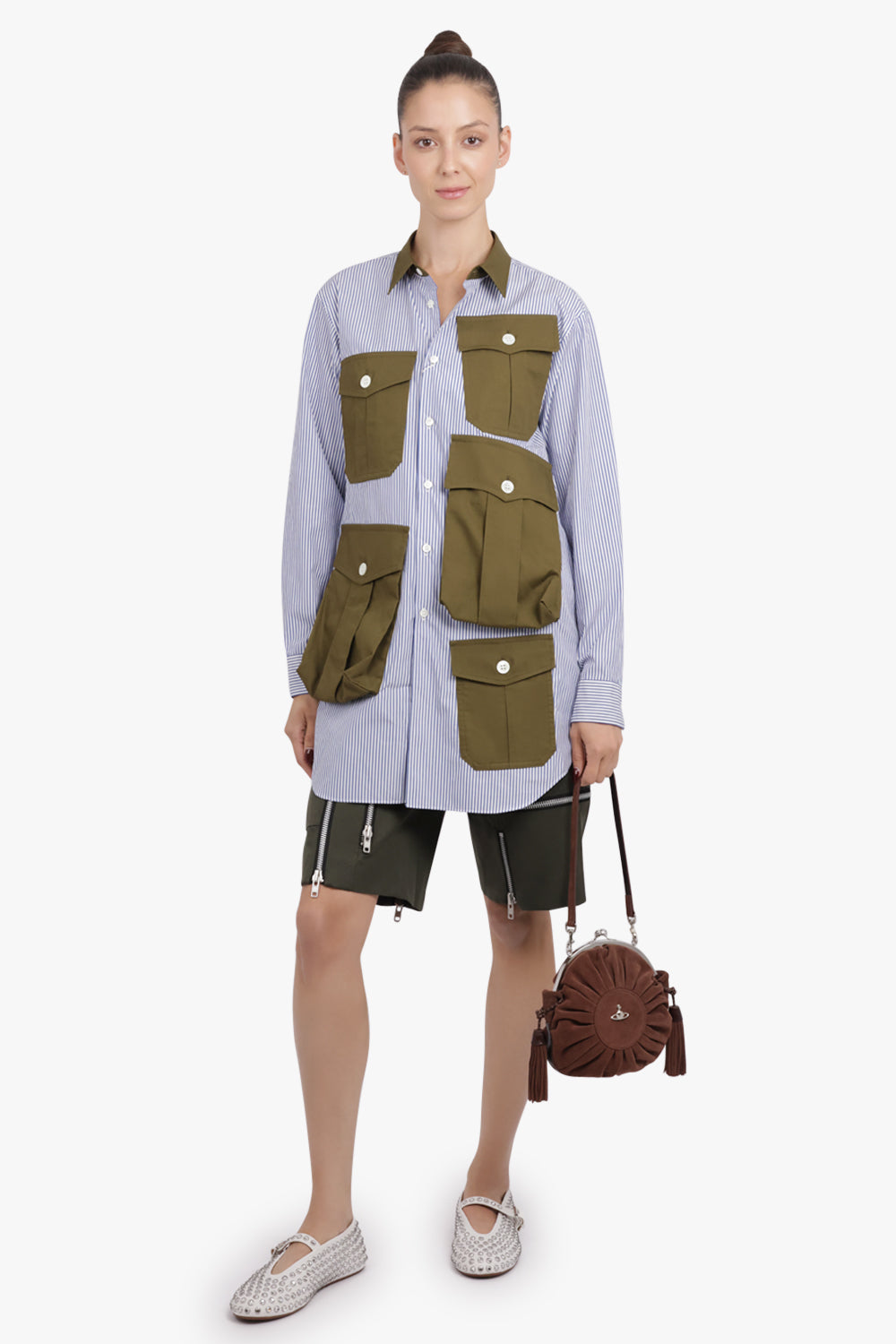 COMME DES GARCONS HOMME PLUS RTW L/S Stripe Pocket Detail Shirt Dress | Navy/White/Khaki