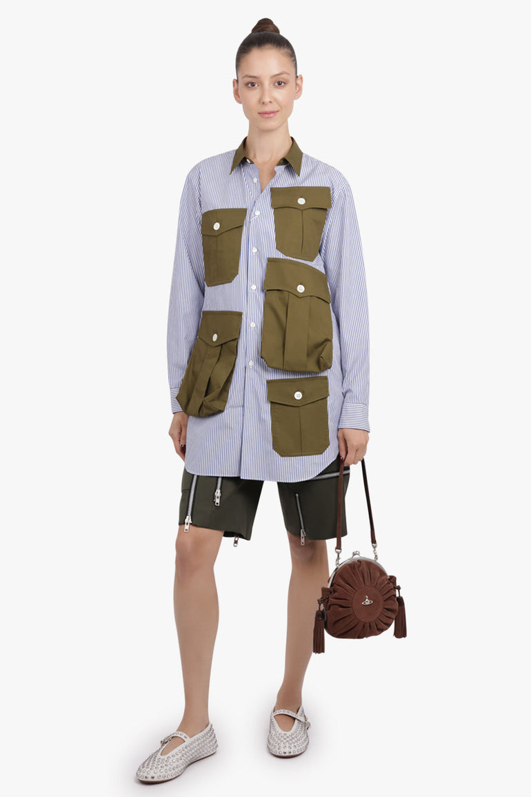 COMME DES GARCONS HOMME PLUS RTW L/S Stripe Pocket Detail Shirt Dress | Navy/White/Khaki