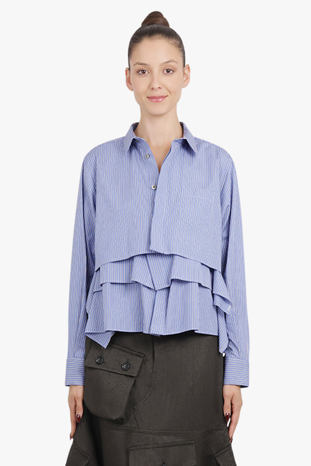 SACAI RTW Layered Stripe L/S Ruffle Shirt | Blue