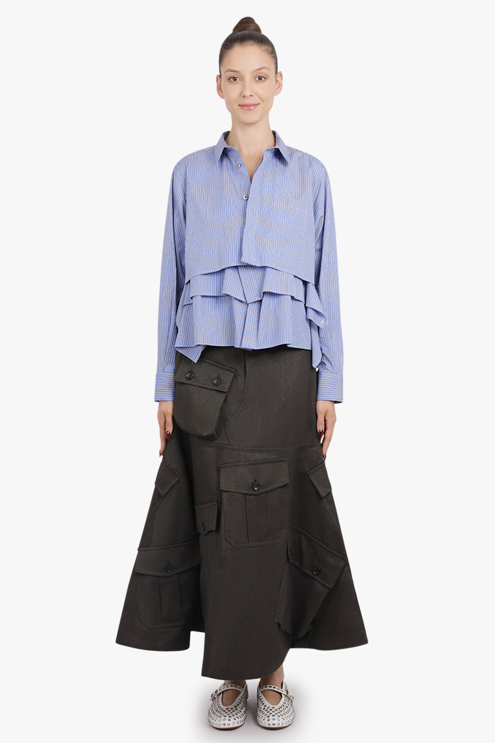 SACAI RTW Layered Stripe L/S Ruffle Shirt | Blue