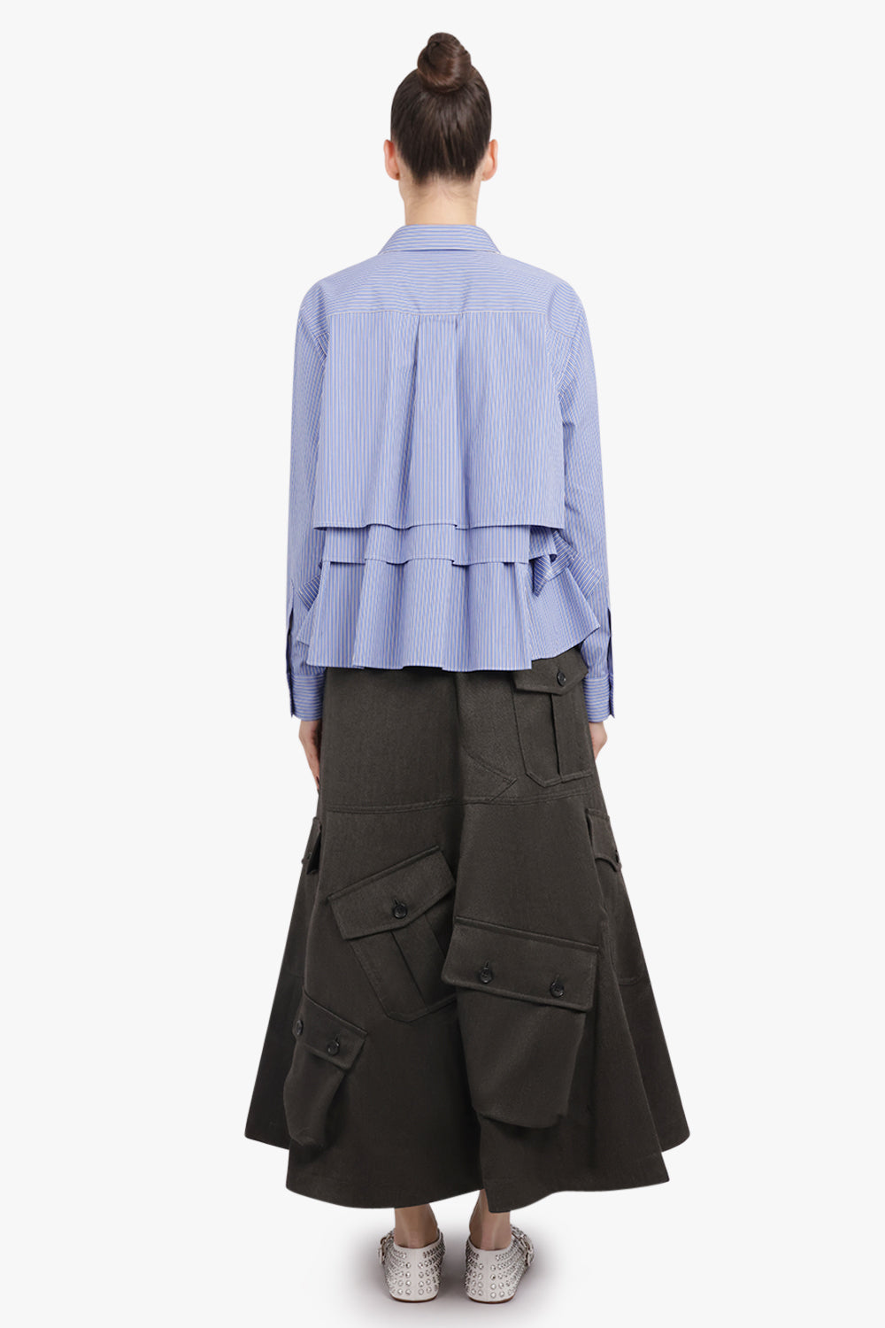 SACAI RTW Layered Stripe L/S Ruffle Shirt | Blue