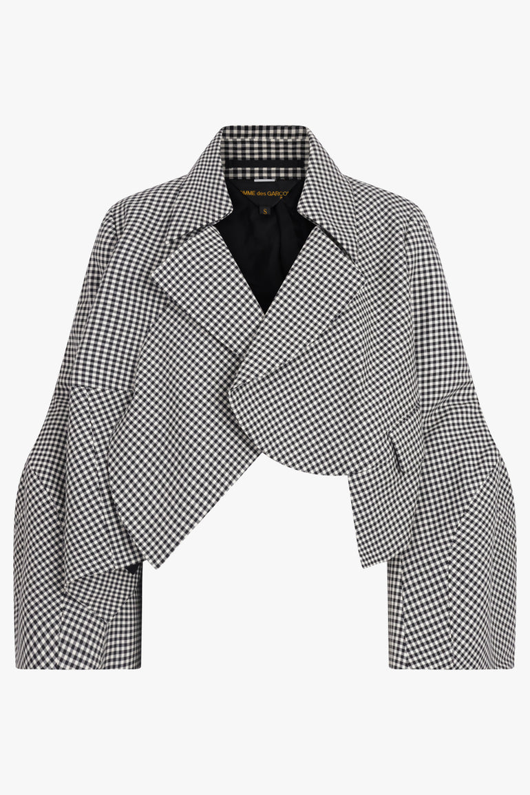 COMME DES GARCONS RTW Avant Garde Gingham Crop Jacket With Balloon Sleeve | Black/ Ecru