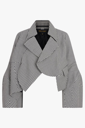 COMME DES GARCONS RTW Avant Garde Gingham Crop Jacket With Balloon Sleeve | Black/ Ecru