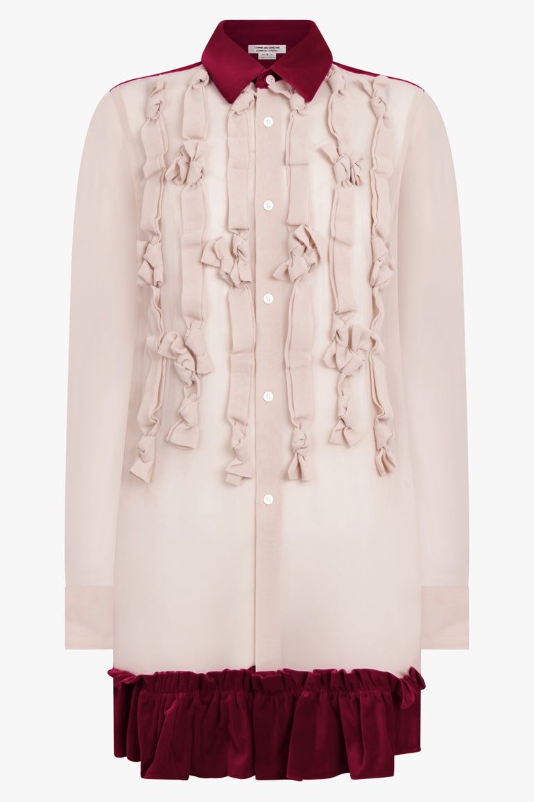 COMME DES GARCONS RTW Bow Embellish L/S Shirt With Velvet Ruffle Hem | Beige/Burgundy