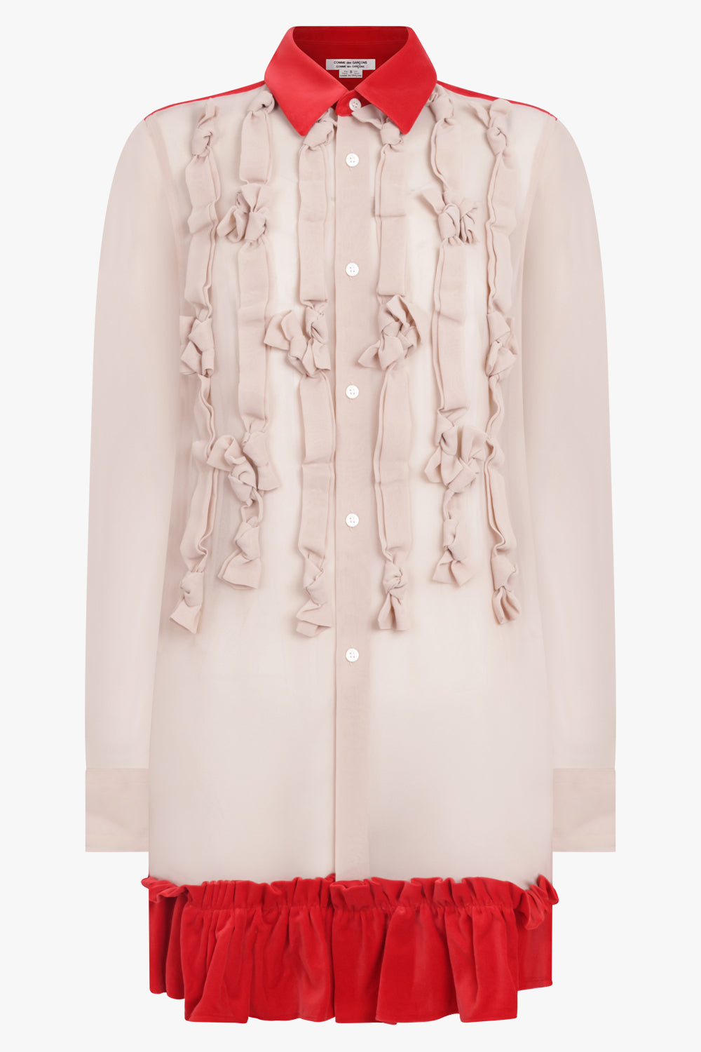 COMME DES GARCONS RTW Bow Embellish L/S Shirt With Velvet Ruffle Hem | Beige/Red