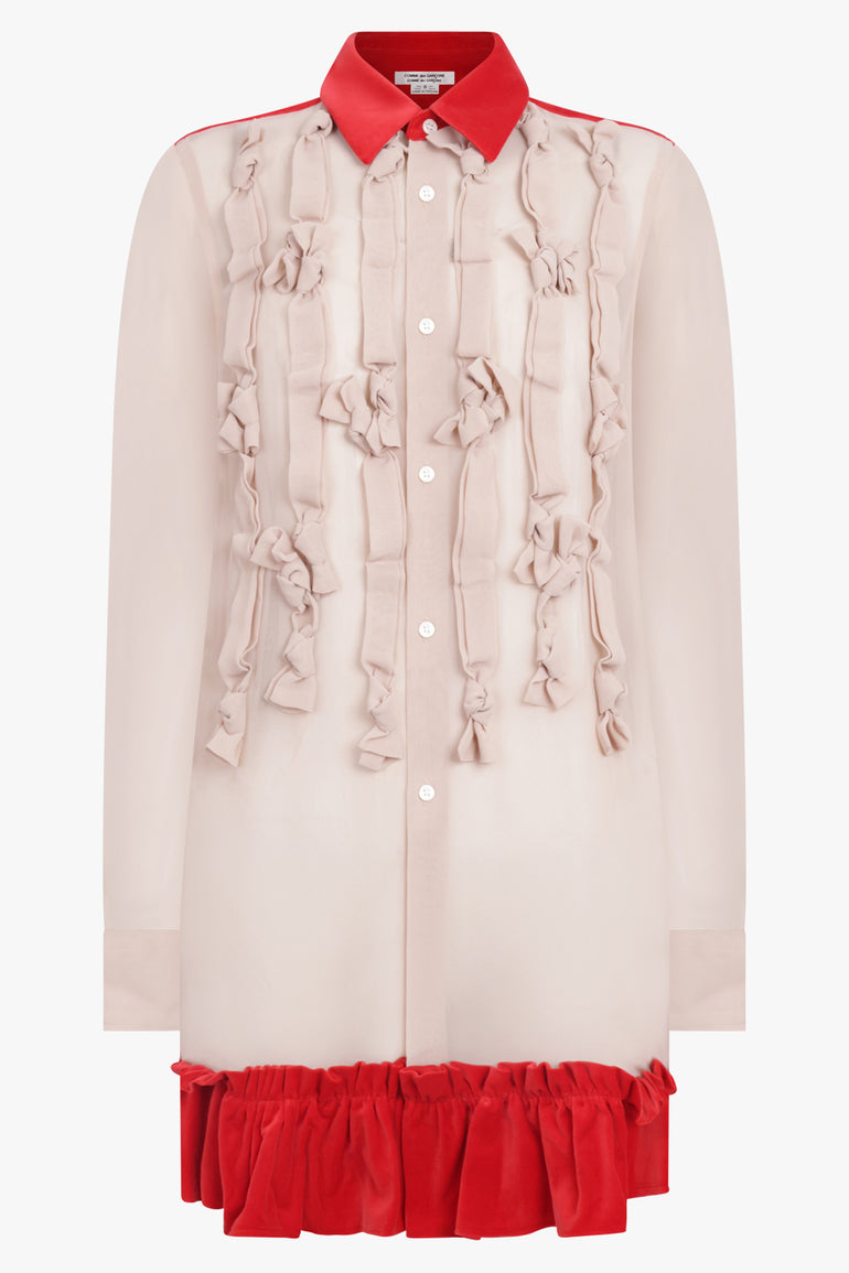 COMME DES GARCONS RTW Bow Embellish L/S Shirt With Velvet Ruffle Hem | Beige/Red