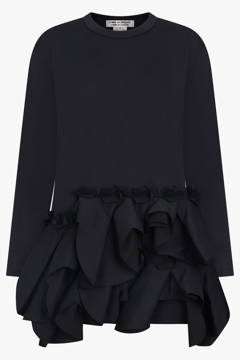 COMME DES GARCONS RTW Crew Neck L\S  Top with Exaggerated Ruffle Hem | Black