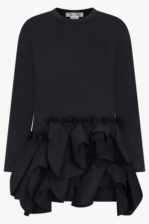 COMME DES GARCONS RTW Crew Neck L\S  Top with Exaggerated Ruffle Hem | Black