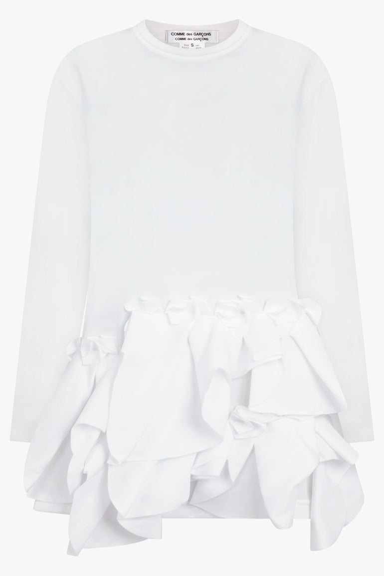 COMME DES GARCONS RTW Crew Neck L\S  Top with Exaggerated Ruffle Hem | White
