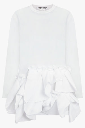 COMME DES GARCONS RTW Crew Neck L\S  Top with Exaggerated Ruffle Hem | White