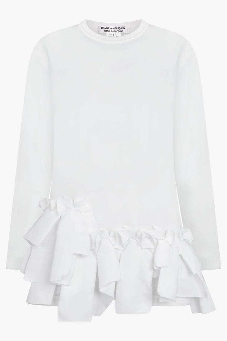 COMME DES GARCONS RTW Crew Neck L\S  Top with Ruffle Hem | White