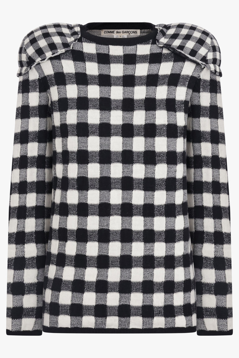 COMME DES GARCONS RTW Knit Check L/S Top with Padded Shoulder Pads | Black/White