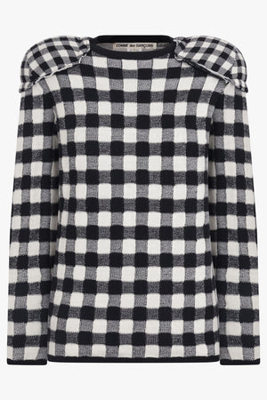 COMME DES GARCONS RTW Knit Check L/S Top with Padded Shoulder Pads | Black/White