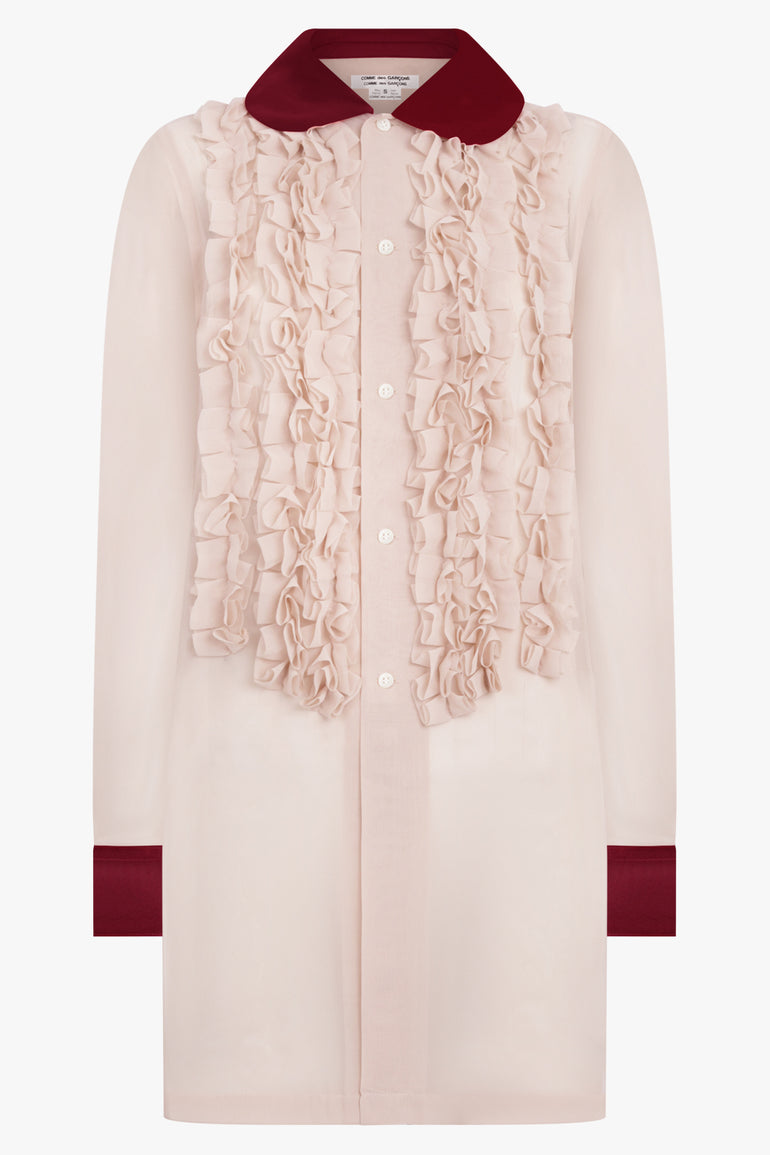 COMME DES GARCONS RTW Ruffle Embellish L/S Shirt With Velvet Trim | Beige/Burgundy