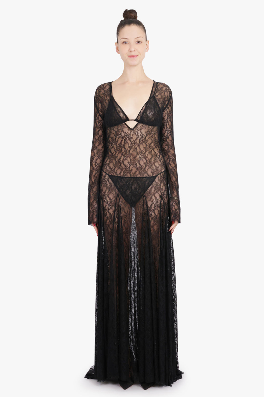 COMMON HOURS RTW Cold Type Sheer L/S Lace Maxi Dress With Underwear | Black