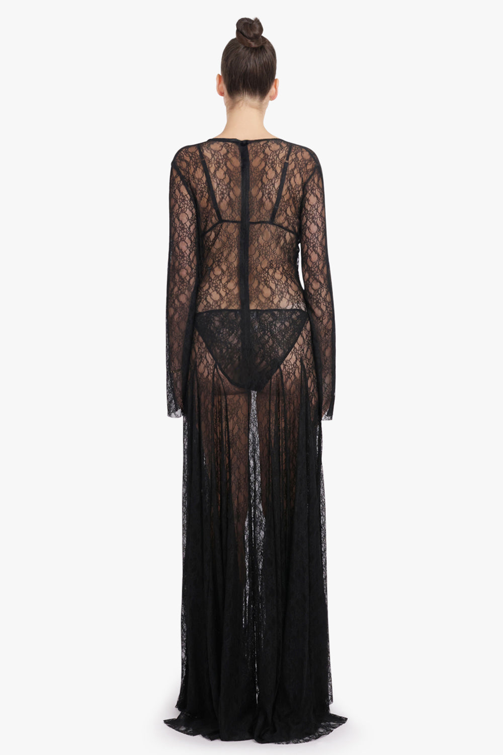 COMMON HOURS RTW Cold Type Sheer L/S Lace Maxi Dress With Underwear | Black