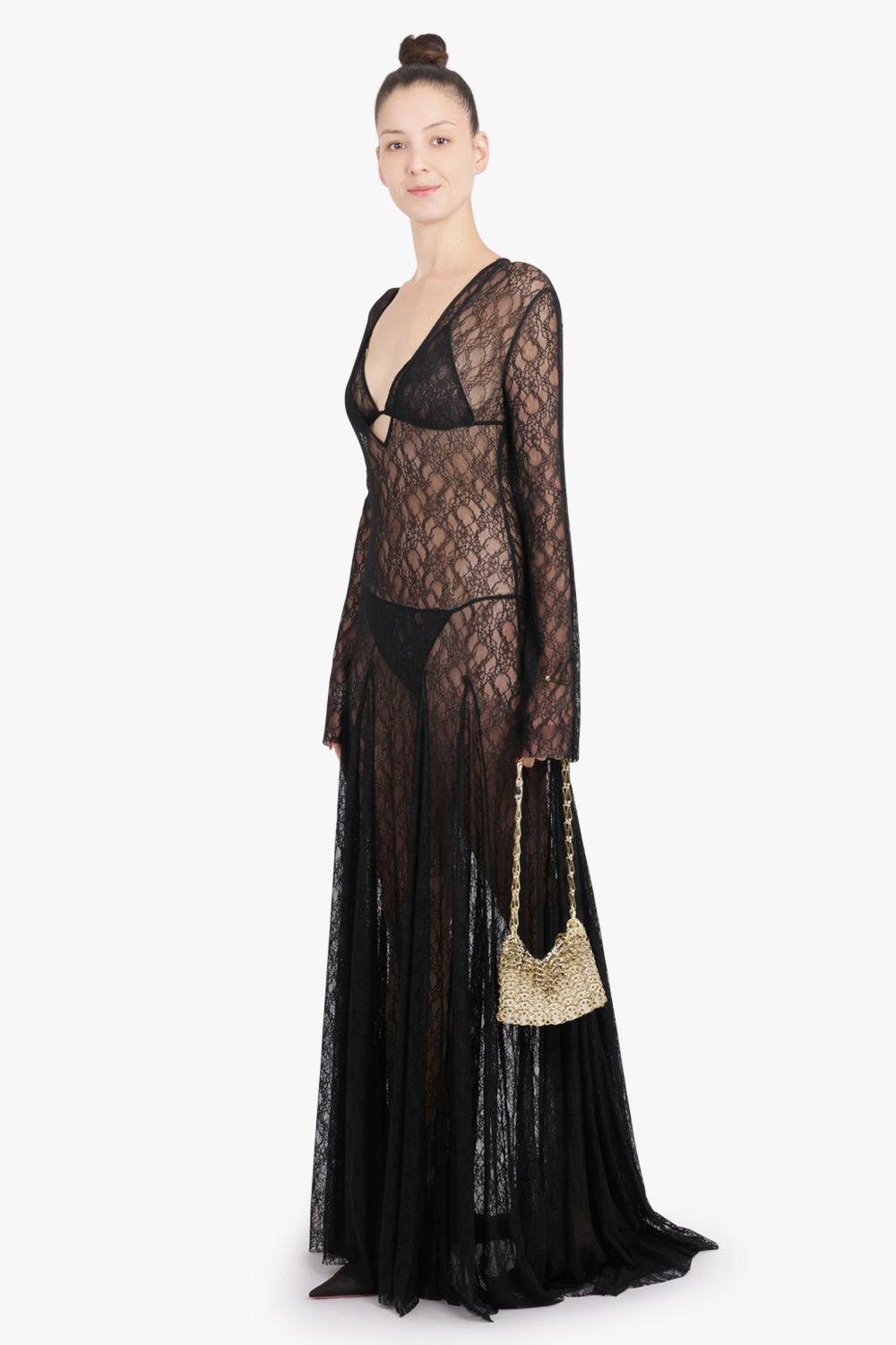 COMMON HOURS RTW Cold Type Sheer L/S Lace Maxi Dress With Underwear | Black