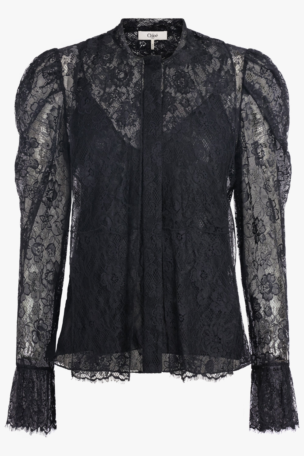 CHLOE RTW Jacquard Floral Lace Neck Tie Blouse | Black