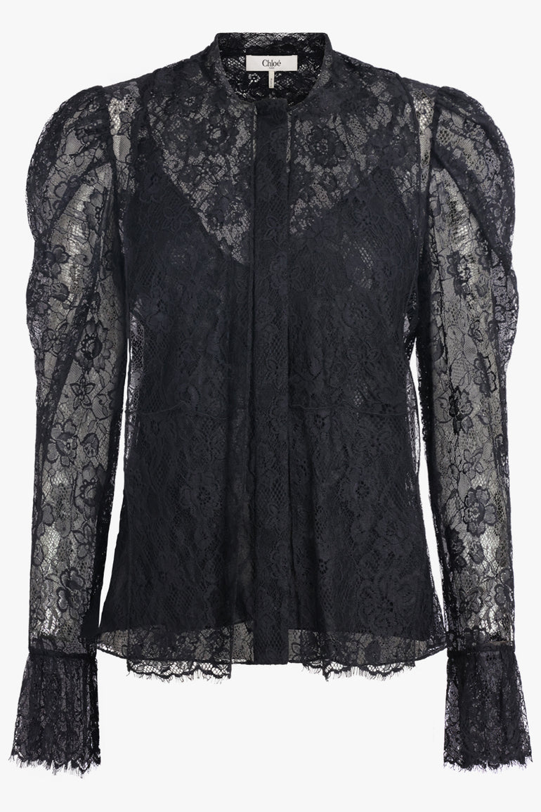CHLOE RTW Jacquard Floral Lace Neck Tie Blouse | Black