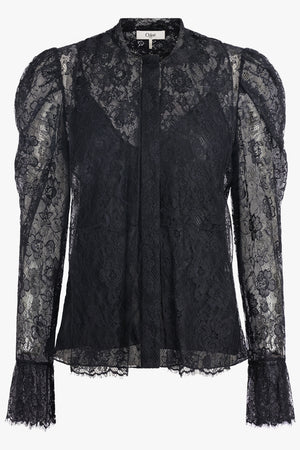CHLOE RTW Jacquard Floral Lace Neck Tie Blouse | Black