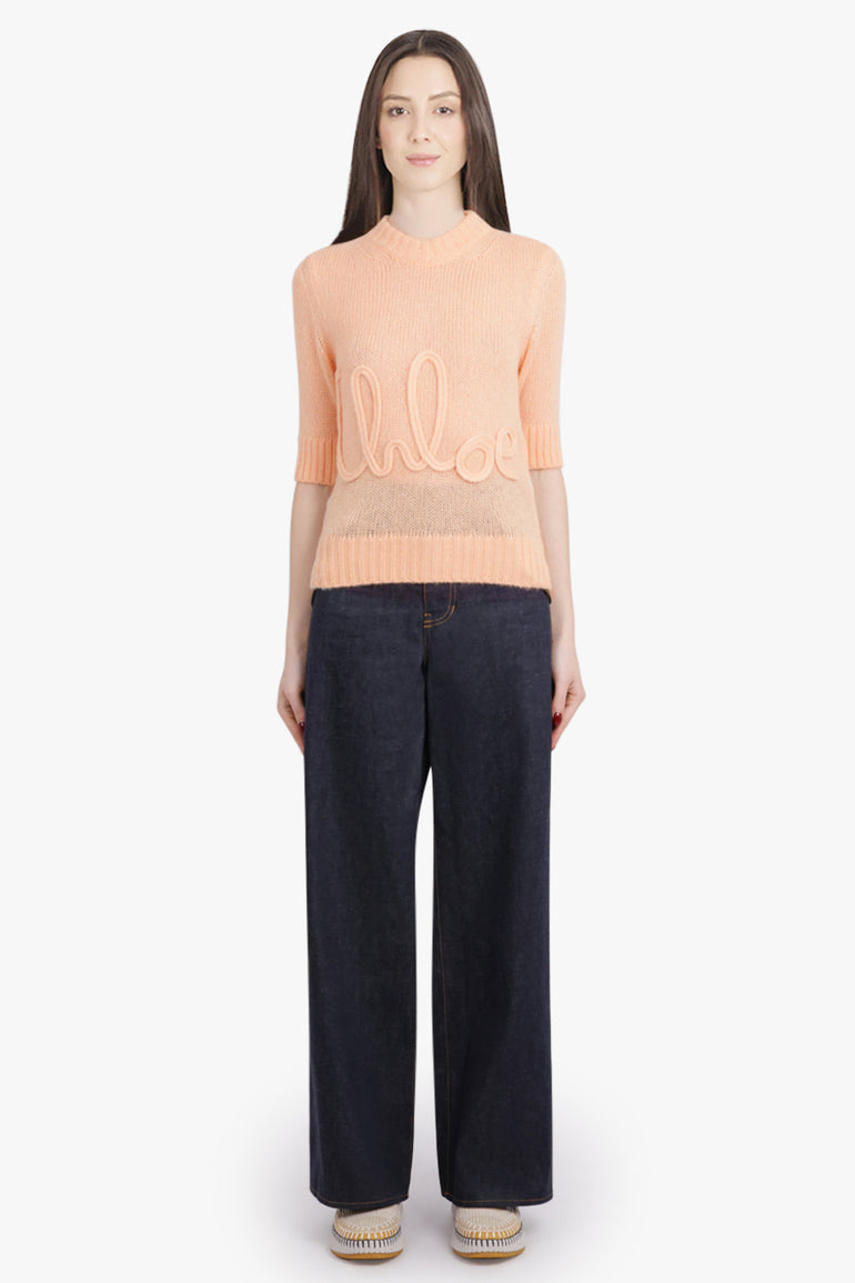 CHLOE RTW Signature Embroidery Logo 3/4 Sleeve Knit | Peach Orange