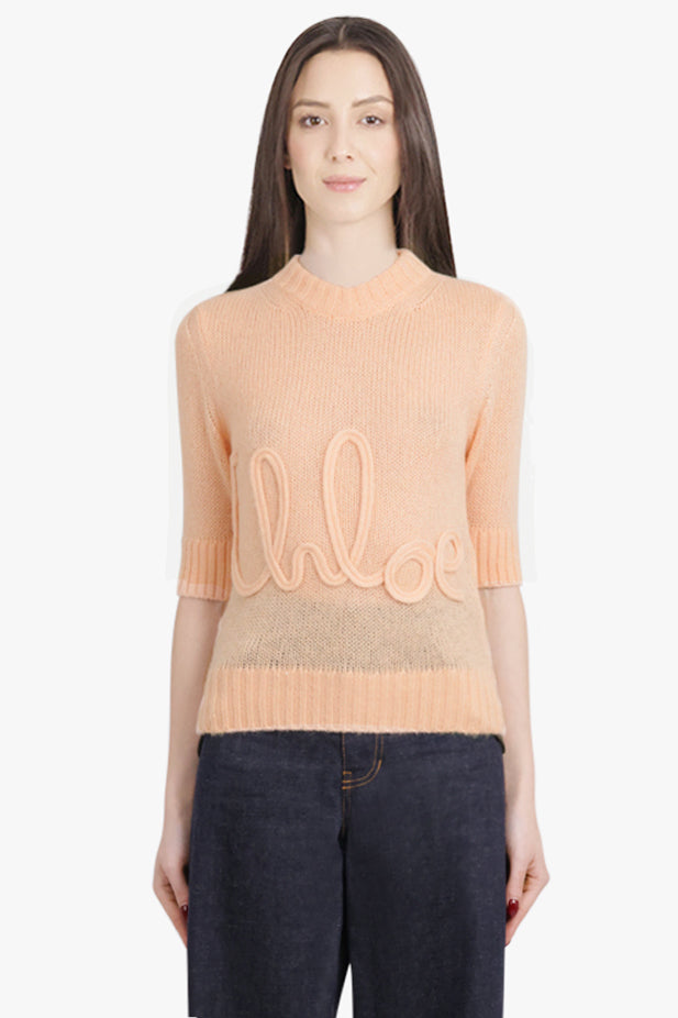 CHLOE RTW Signature Embroidery Logo 3/4 Sleeve Knit | Peach Orange