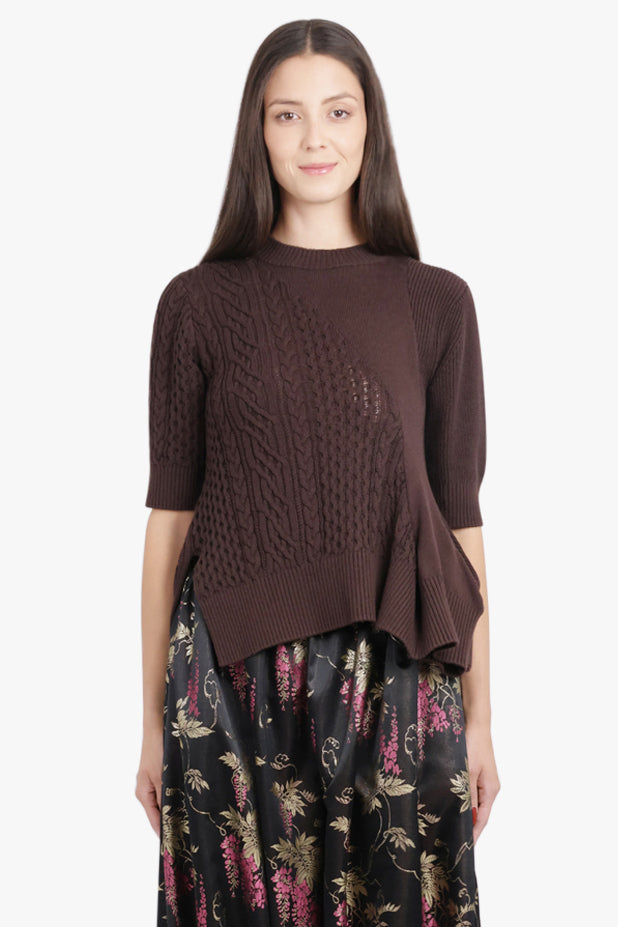 SACAI RTW 3/4 Sleeve Chain Knit With Asymmetric Hem Detail | Brown