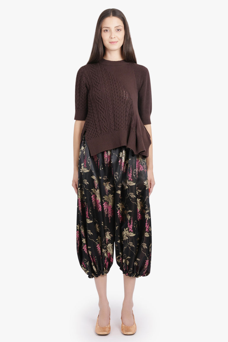 COMME DES GARCONS RTW Gathered Floral Print Balloon Pant With Cuff | Black/Pink/Gold