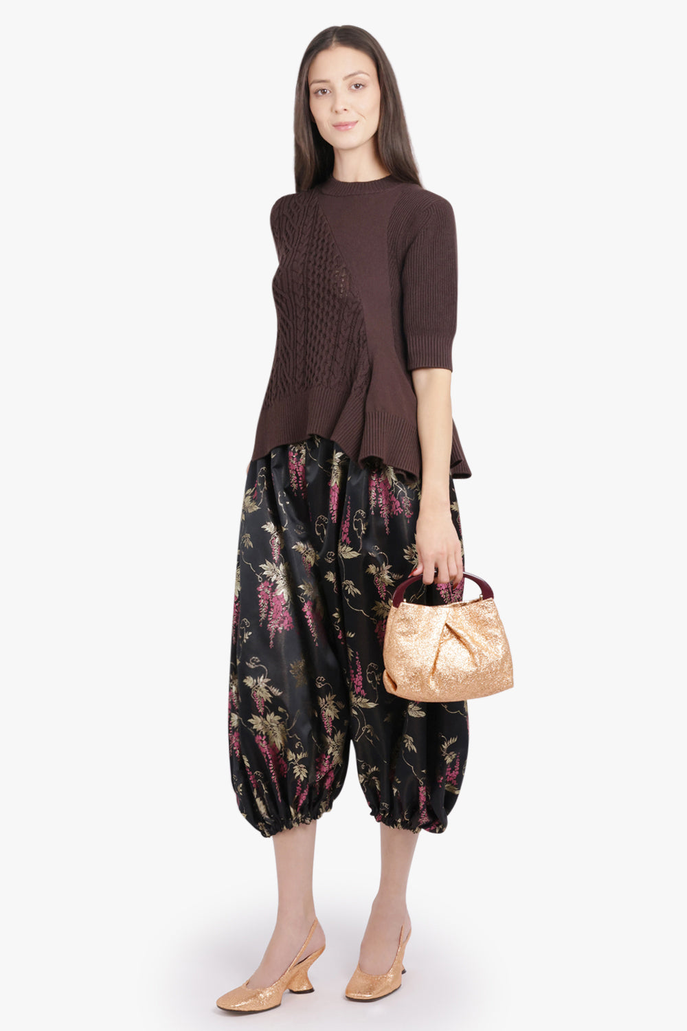 COMME DES GARCONS RTW Gathered Floral Print Balloon Pant With Cuff | Black/Pink/Gold