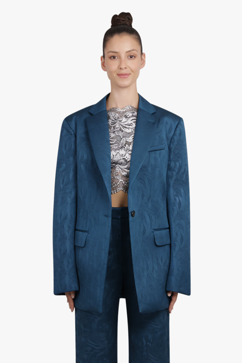 DRIES VAN NOTEN RTW Baftan Embossed Swirl Single Breast Jacket | Petrol Blue