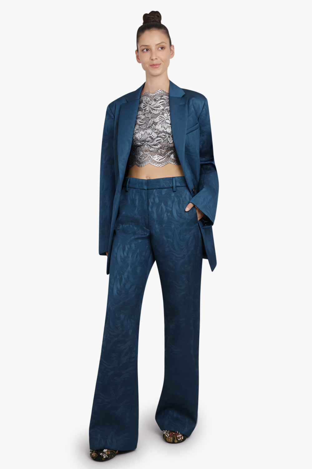 DRIES VAN NOTEN RTW Baftan Embossed Swirl Single Breast Jacket | Petrol Blue