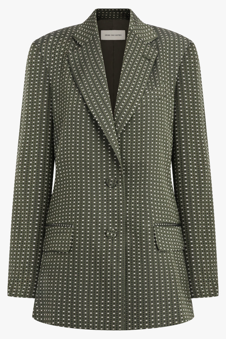 DRIES VAN NOTEN RTW Birdys Square Print Single Breast Jacket | Khaki