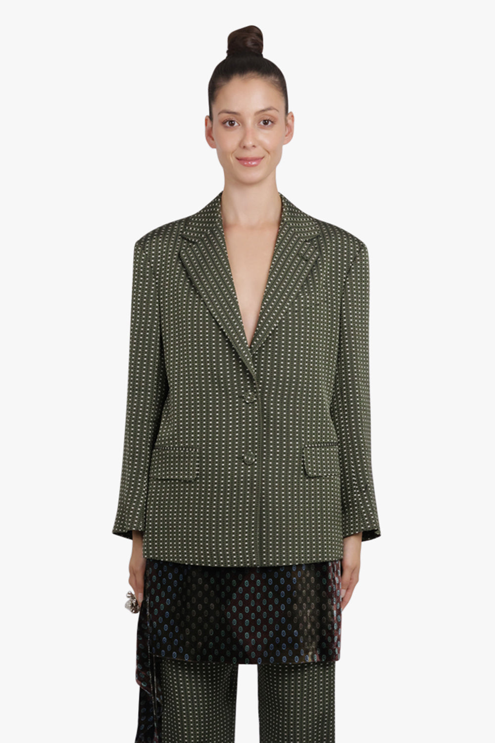 DRIES VAN NOTEN RTW Birdys Square Print Single Breast Jacket | Khaki