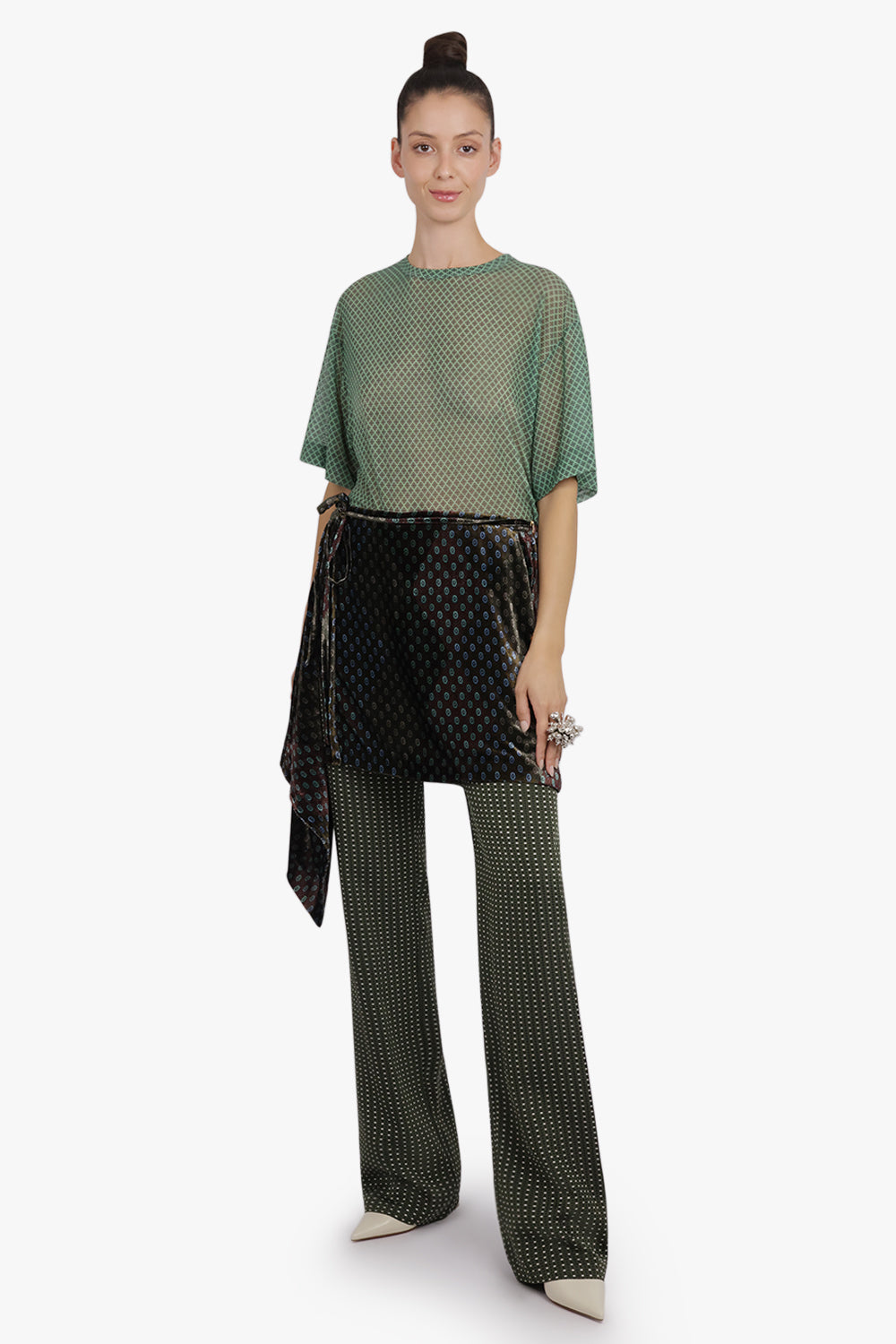 DRIES VAN NOTEN RTW Pritty Square Print Pant With Tie Mini Skirt | Khaki