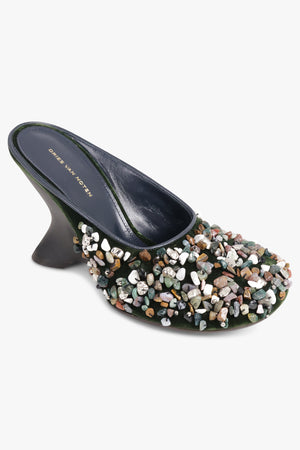 DRIES VAN NOTEN SHOES Closed Toe 90mm Wedge Mule With Embellished Stone | Olive/Multi