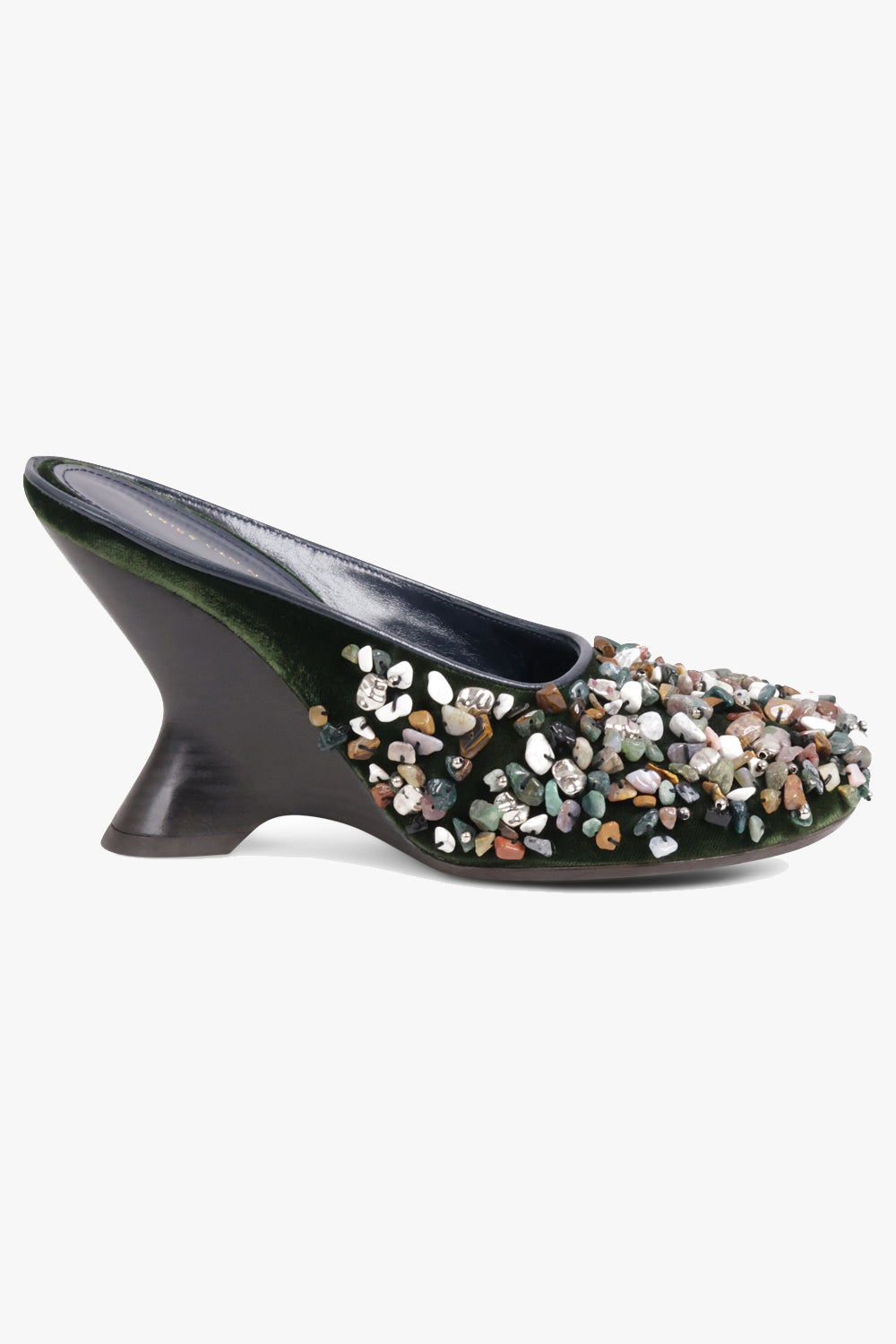DRIES VAN NOTEN SHOES Closed Toe 90mm Wedge Mule With Embellished Stone | Olive/Multi