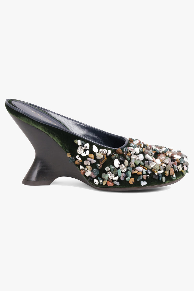 DRIES VAN NOTEN SHOES Closed Toe 90mm Wedge Mule With Embellished Stone | Olive/Multi