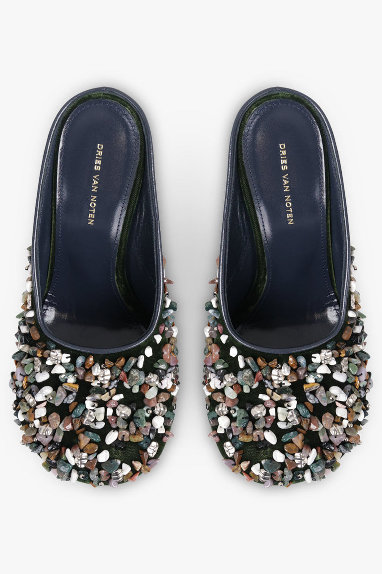 DRIES VAN NOTEN SHOES Closed Toe 90mm Wedge Mule With Embellished Stone | Olive/Multi