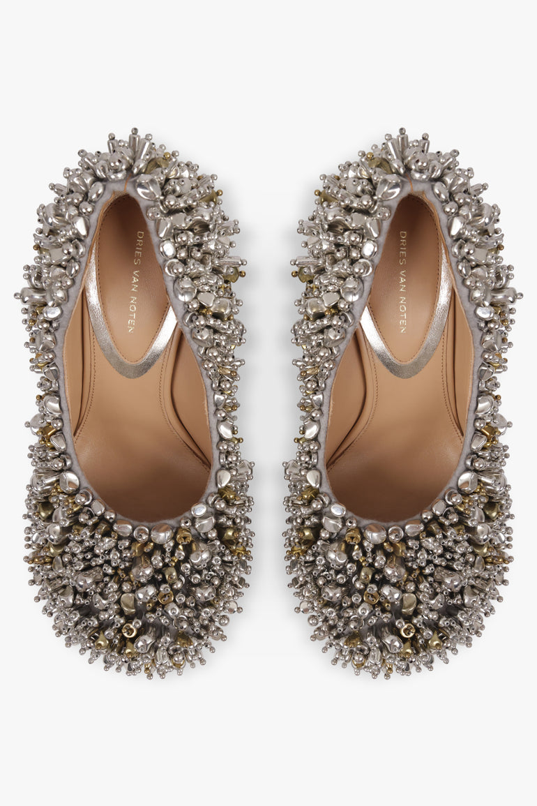 DRIES VAN NOTEN SHOES Embellished 90MM Round Toe Pump | Silver/Gold