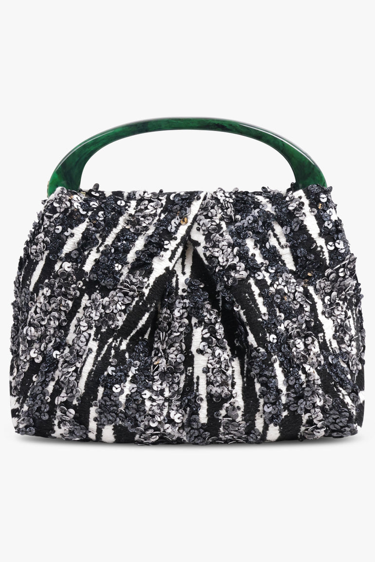 DRIES VAN NOTEN BAGS PATTERN / Black/White/Green Sequin Embellish Mini Resin Handle Bag | Black/White/Green