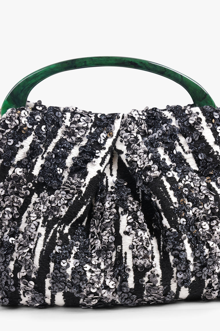 DRIES VAN NOTEN BAGS PATTERN / Black/White/Green Sequin Embellish Mini Resin Handle Bag | Black/White/Green