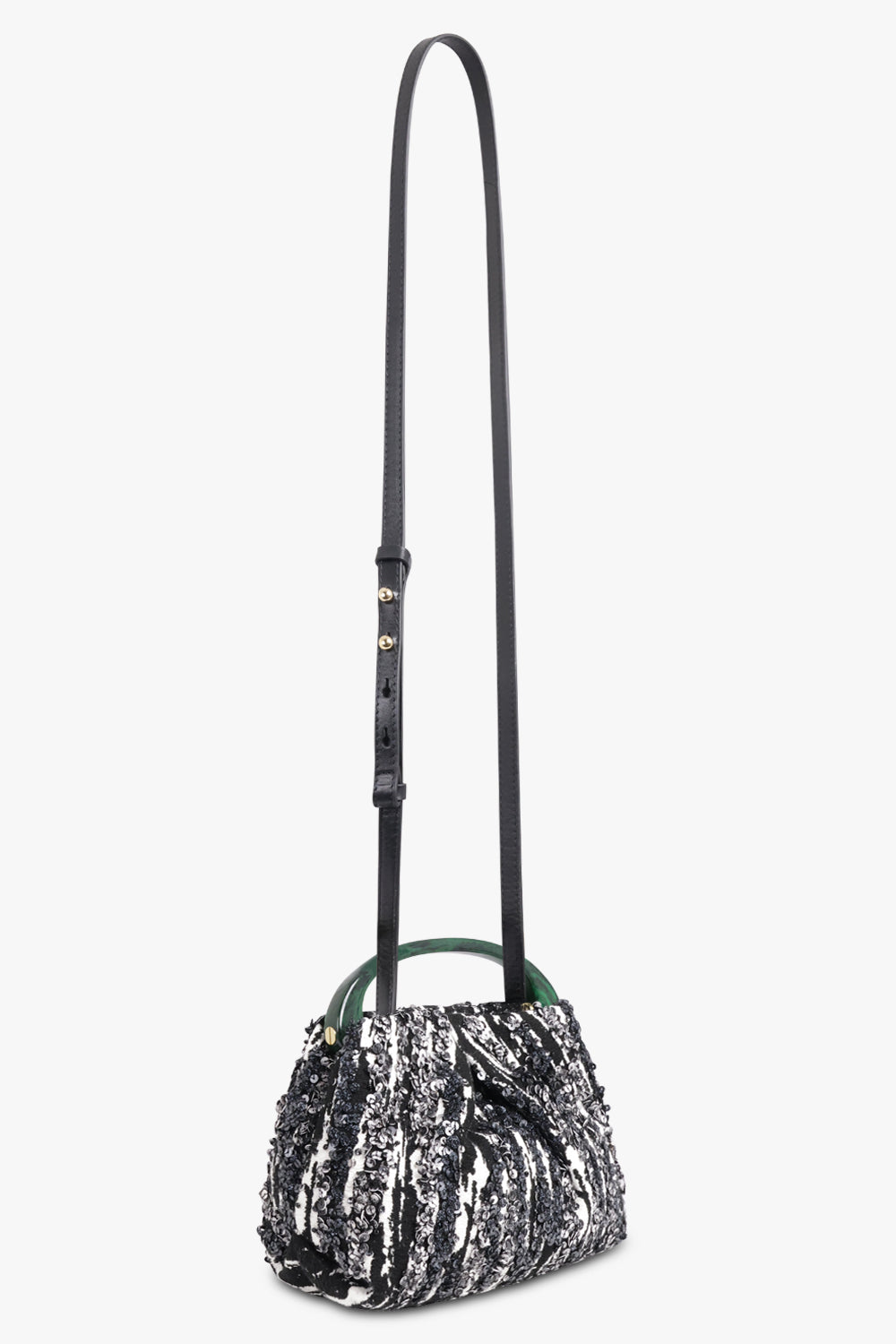 DRIES VAN NOTEN BAGS PATTERN / Black/White/Green Sequin Embellish Mini Resin Handle Bag | Black/White/Green