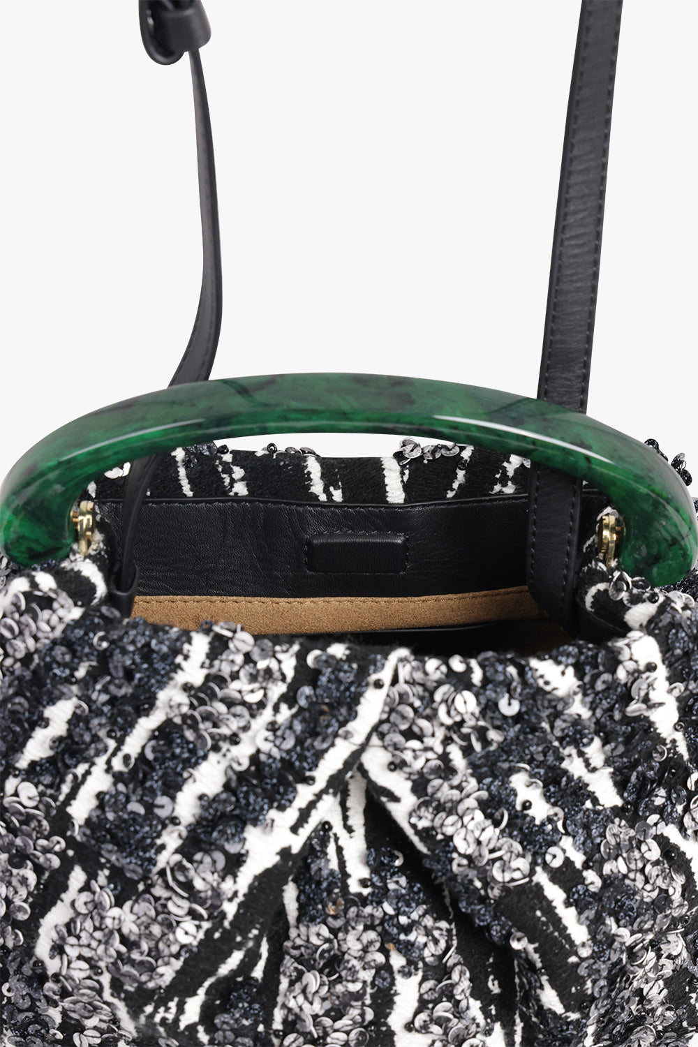 DRIES VAN NOTEN BAGS PATTERN / Black/White/Green Sequin Embellish Mini Resin Handle Bag | Black/White/Green