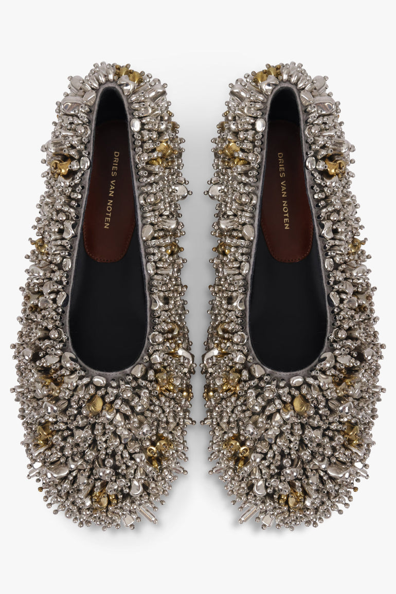 DRIES VAN NOTEN SHOES Embellished Round Toe Ballet Flat | Silver/Gold