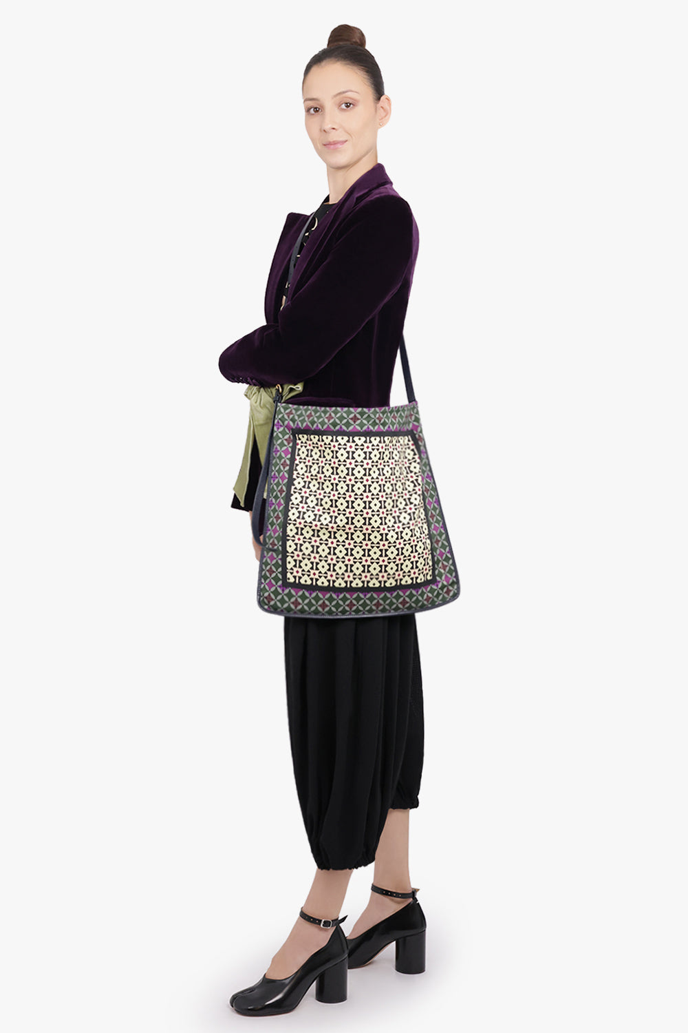 DRIES VAN NOTEN BAGS PATTERN / Yellow/Blue/Green Geometric Print Medium Hobo Bag With Belt Strap | Yellow/Blue/Green