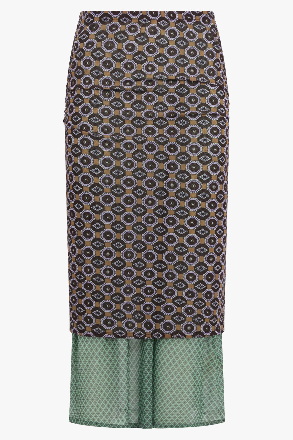DRIES VAN NOTEN RTW Homoa Diamond Print Midi Skirt With Transparent Mesh Underlay | Brown/Mint