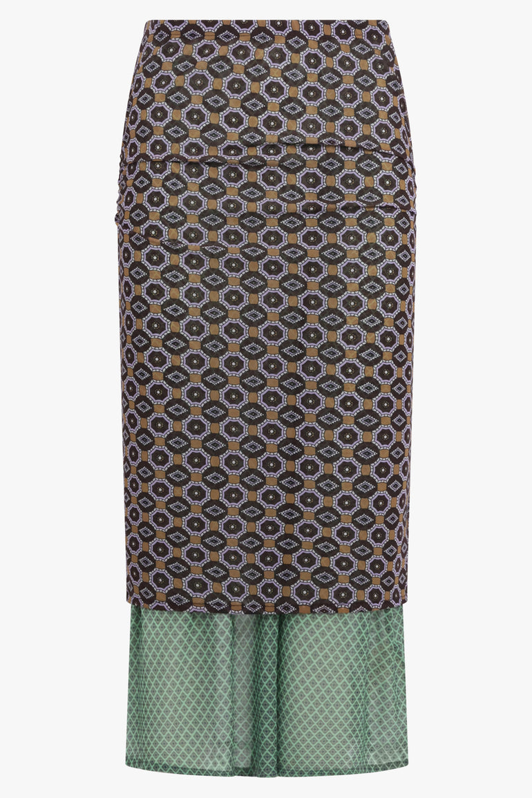 DRIES VAN NOTEN RTW Homoa Diamond Print Midi Skirt With Transparent Mesh Underlay | Brown/Mint