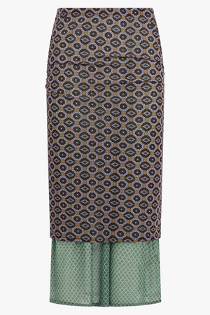 DRIES VAN NOTEN RTW Homoa Diamond Print Midi Skirt With Transparent Mesh Underlay | Brown/Mint