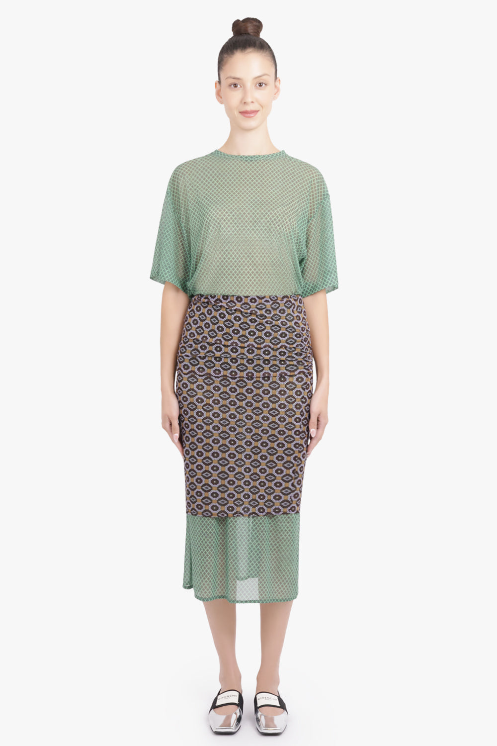 DRIES VAN NOTEN RTW Homoa Diamond Print Midi Skirt With Transparent Mesh Underlay | Brown/Mint