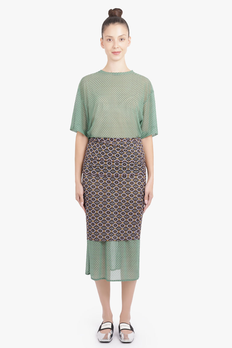 DRIES VAN NOTEN RTW Homoa Diamond Print Midi Skirt With Transparent Mesh Underlay | Brown/Mint
